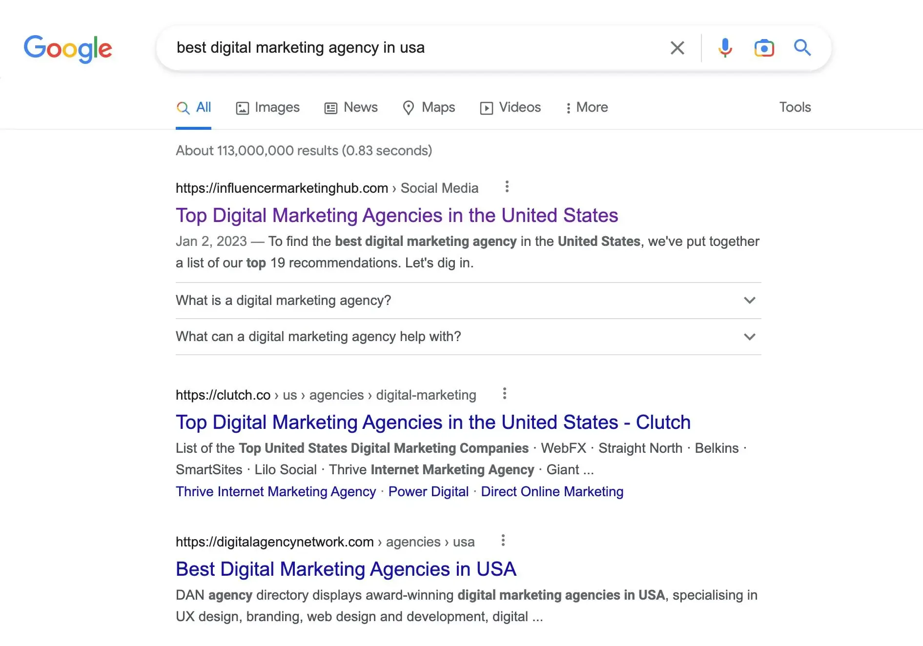 Organic search results for "best digital marketing agency in USA"