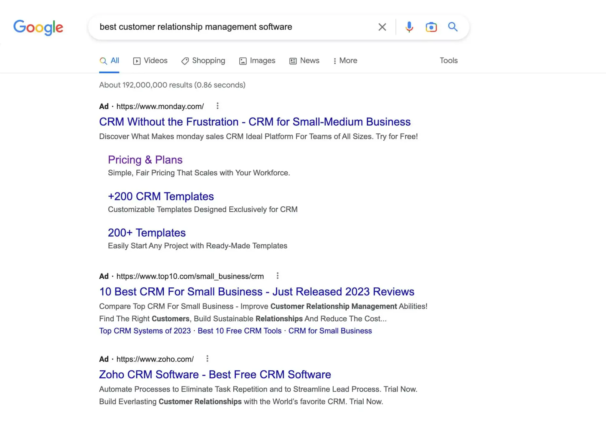 Paid search results for "best CRM software"